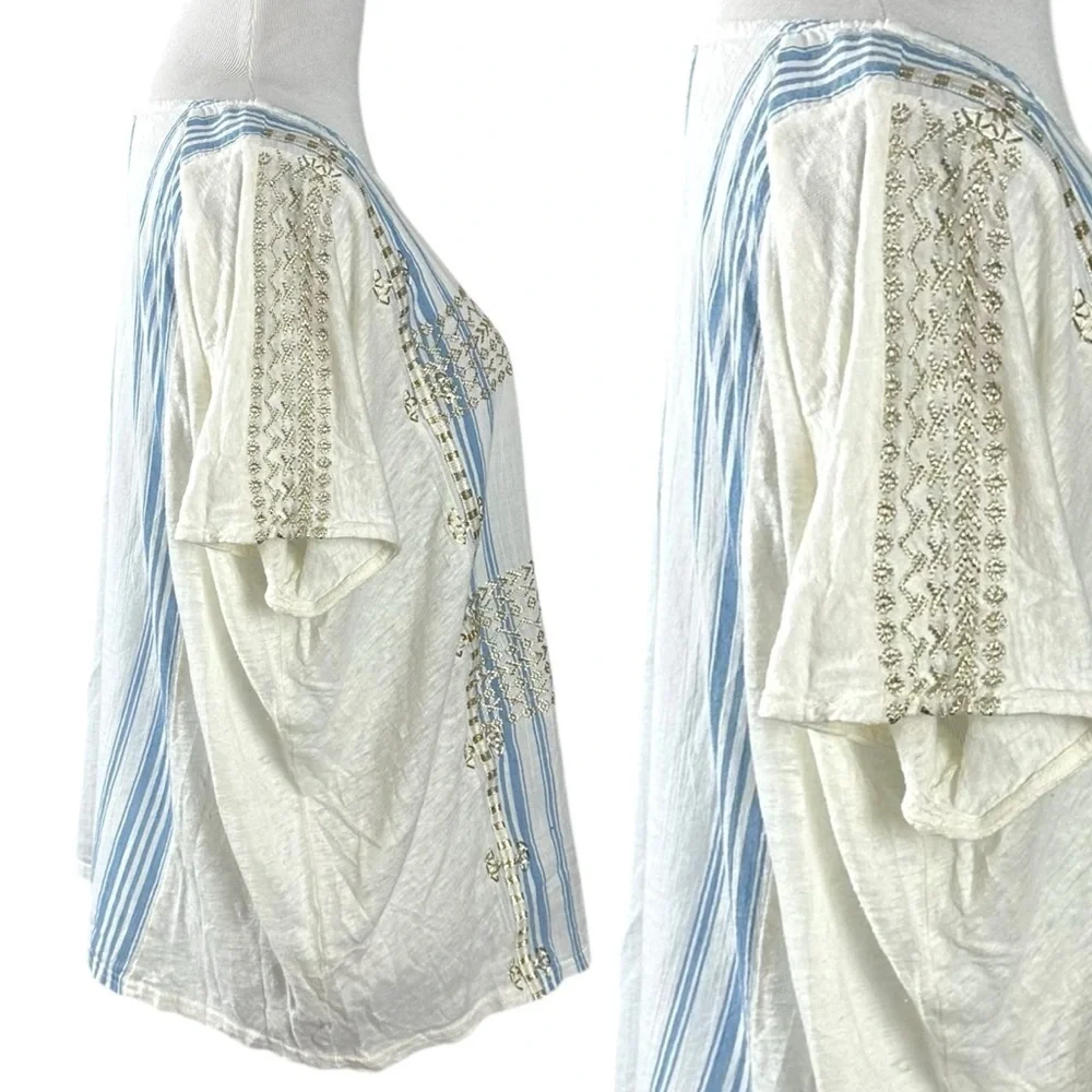 J.Crew Coastal Grandma Bohemian Embroidered Linen Oversized Boxy Tee Large Gold